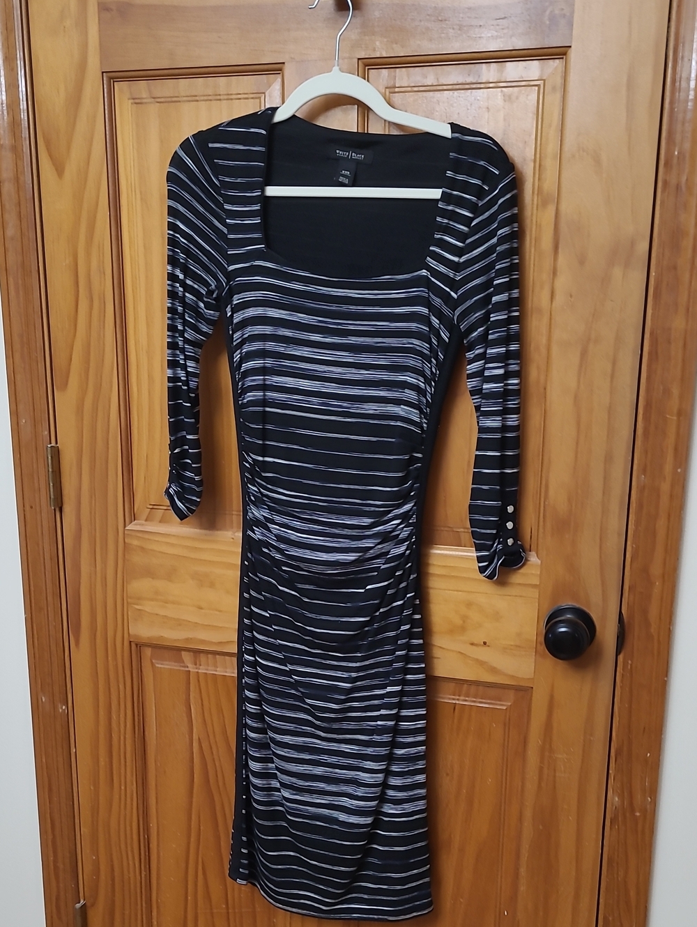 White House Black Market Black and Gray Striped Square Neck Long Sleeve Dress.